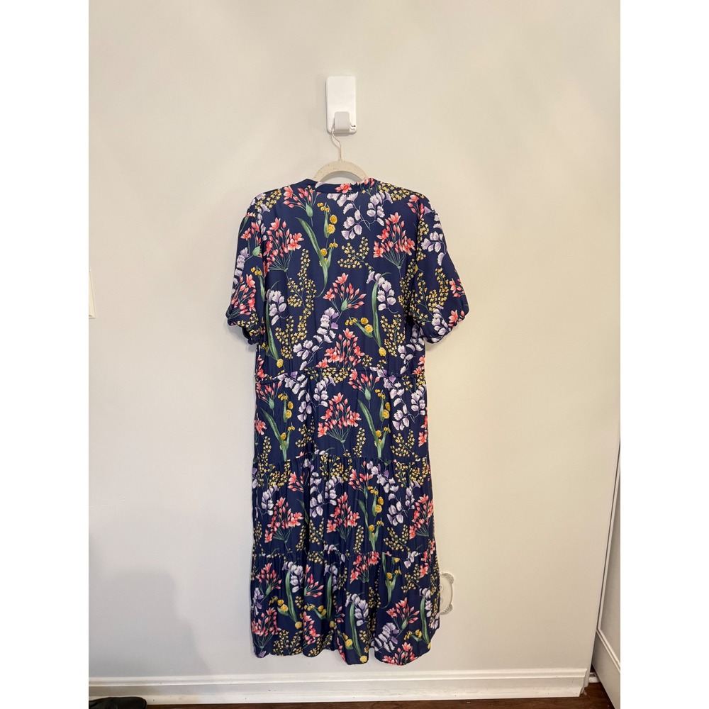 J.McLaughlin Silk Blend Floral Tiered Midi Dress Blue Ruffle Neck Pockets XL - Picture 11 of 12